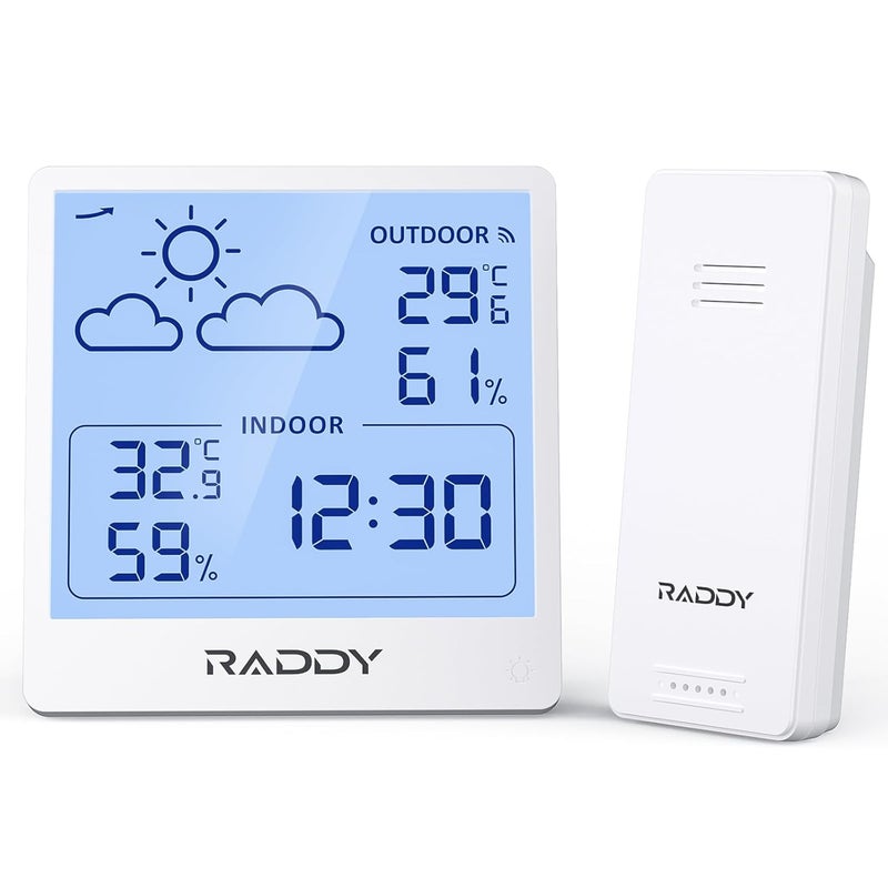 Raddy WF-50T Indoor Outdoor Thermometer Hygrometer Wireless Weather Station, Battery Powered Temperature & Humidity Monitor with 5.0’’ Display, Weather Forecast, Wireless Remote Sensor (White) - Image 1